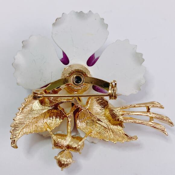 Vintage Mid Century Purple Lucite Enamel Orchid Flower Brooch AB Rhinestones - Picture 9 of 11